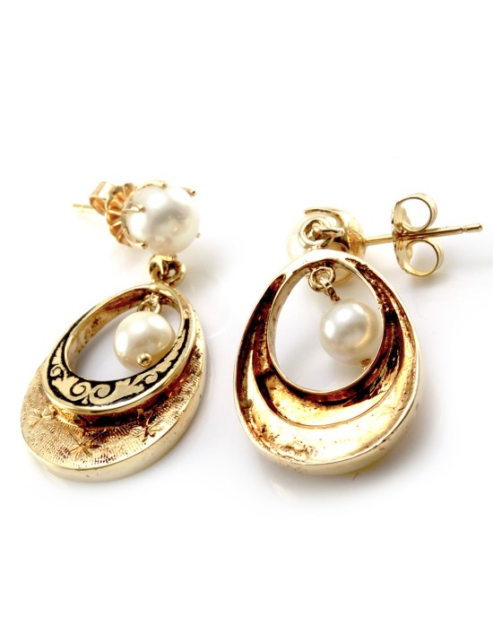 Open Teardrop Pearl Dangle Earrings in Gold